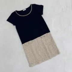 Rope Picnic ワンピース 半袖 ネイビー レース 切り替え M