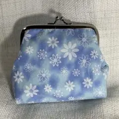 《ハンドメイド》がま口ポーチ＊ホワイト花柄＊ブルー×ホワイト