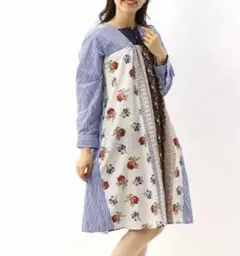 タグ付 スーパーハッカ エスニックパッチワーク風プリント ストライプワンピース