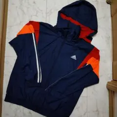 adidas フード付きウィンドブレーカー ネイビー/オレンジ　160cm