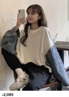 コントラストスリーブ ドロップショルダー トップス