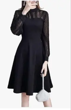 パーティードレス　長袖　ドット　膝丈　Aライン 結婚式　シースルー　2XL