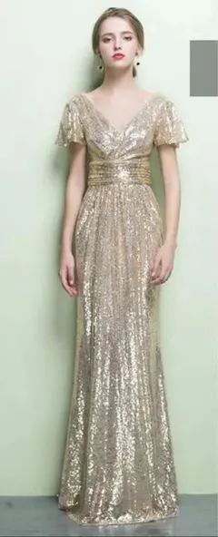 イブニング/コンテスト/パーティ/舞台/撮影◆ベージュ＋ゴールド総スパン◆ロング