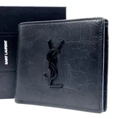 【極美品】サンローランYSL カサンドラ 折り財布 クロコ型押しレザー ブラックのサムネイル