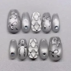 ネイルチップ キルティングネイル バレエコア Y2K マグネットネイル シルバー