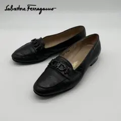 【美品】Ferragamo パンプス レザー クロコ ガンチーニ 23cm 黒