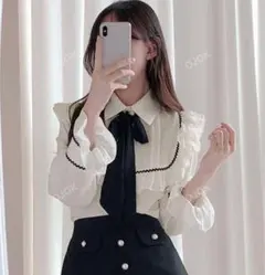 SHEIN コントラストトリム フリル 付き 蝶ネクタイ シャツ