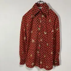 ヴィンテージ　リーフ柄　レトロ　スクエアカット　ポリ　ニット　長袖シャツ　古着