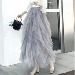 レディース　ロングスカート　ふわふわ　シフォン　グレー　チュールスカート　くすみ