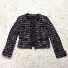 ANAYI✨ミックス ツイード ノーカラー ジャケット 36 ラメ混 フリンジ
