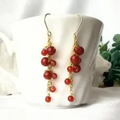 【天然石】【ハンドメイド】【開運】 レッドコーラル（赤さんご）の枝垂れピアス