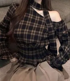 オフショルダー チェック柄 シャツ