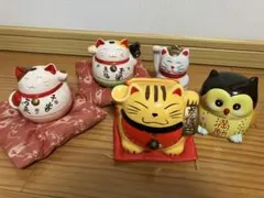 招き猫とフクロウの置物セット5体　　宝くじ入れ　貯金箱