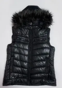 Y2K 平成 グランジ ダウンベスト 光沢 ファー フード 2WAY 00s