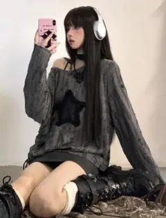 sheinオフショルダー星プリント長袖Tシャツ