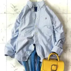 美品【XL相当】ラルフローレン　コットン　オックスフォードストライプシャツ　刺繍