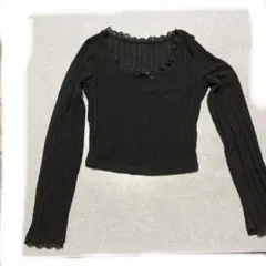 ブラックリブ編み長袖トップスミニ丈