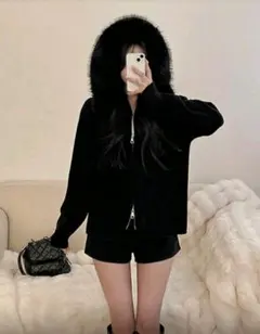 ブラック フリース ジャケット フード付き