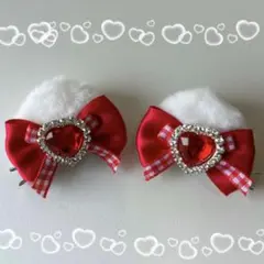 猫耳 ヘアクリップ ヘアピン 赤リボン ギンガムチェック 地雷系 ハンドメイド