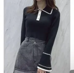 ニット セーター バイカラーポロニットトップス レディース