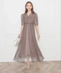 【LEJA】花柄総レースパフスリーブウエストリボンキャミワンピース セットアップ