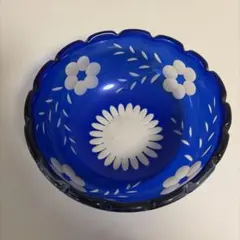青色 花模様 ガラスボウル