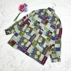 アート柄 シアーシャツ 花柄 総柄 緑 パステルカラー 一点物 ヴィンテージ