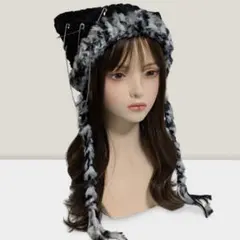 チェーン付 ハンドメイド 猫耳ニット帽 ふわふわ ブラック y2k グランジ