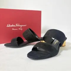 極美品 フェラガモ サンダル Belluno 30 フラワーヒール パンプス 黒