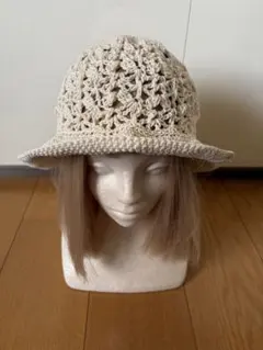 春夏コットン クロッシェハット オフホワイト 手編み ラメ入り
