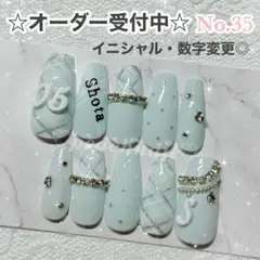 No.35 ネイルチップ オーダー 量産型 チェック イニシャル 水色 数字