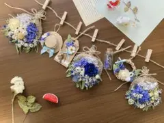 +*送様 ドライフラワー ガーランド 麦わら帽子＊ブルー(染)２