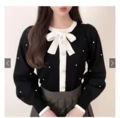 リボンタイビジューニットトップス