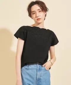 BEAUTY&YOUTH エンブロイダリーネックフレンチスリーブ 黒 ブラックのサムネイル