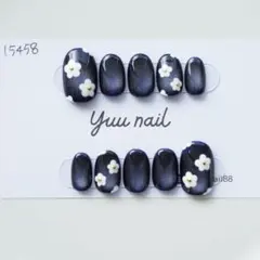 ネイルチップ　マグネットネイル　ネイビー　お花　手書き　推し活　ニュアンス