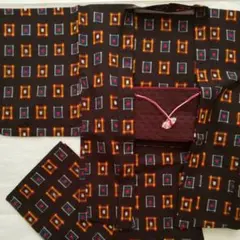 ウール 着物 羽織 セット アンサンブル 焦げ茶系 井桁 昭和レトロ