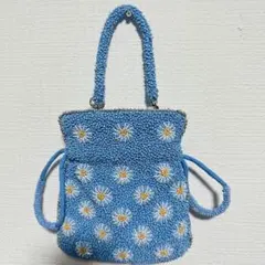 ZARA ビーズバッグ デイジー柄 ライトブルー ハンドバッグ ビーズ刺繍 巾着