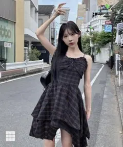 チェック柄イレヘムフレアキャミワンピース[dk1354]