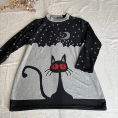 黒猫 猫柄 ニット　チュニック 長袖 ドット 月 個性的 ゆったり