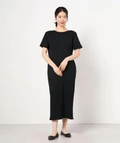 O343UA半袖ロングワンピースカットワンピースリブブラック黒無地コットン綿春夏