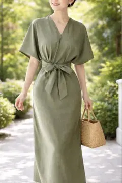 上品✨着物ロングワンピ　リメイク　くびれ　体型カバー　モスグリーン　カーキ