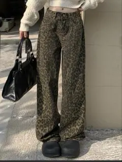 レディース レオパードストレートワイドデニムパンツ