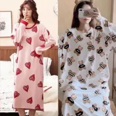 春新作　レディース　ルームウエア　パジャマ　長袖　可愛い　ワンピース　二点セット
