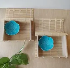 【新品】美濃焼トルコブルー花小鉢小付&竹製すだれ弁当　4点セット《簾》