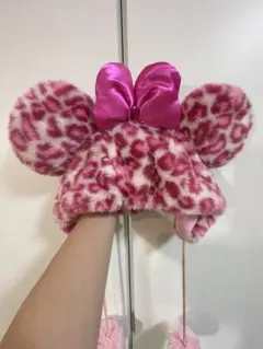 ミッキー風耳付き帽子 ピンク・ヒョウ柄