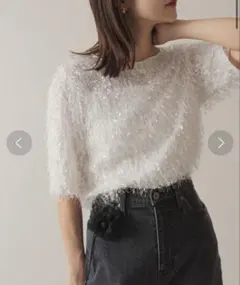 SLOBE IENA habi Feather PO フリンジ五分袖トップス