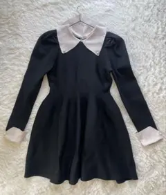 未使用品 襟付き配色カラーニットフレアワンピース　バイカラー