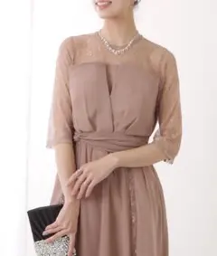 レースレイヤードレス五分袖タックフレアワンピース