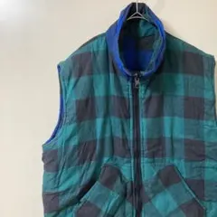 h 緑と黒のチェック柄ベスト　リバーシブル　メンズL