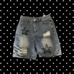 デニムショートパンツ ハーフパンツ　星刺繍 ダメージ加工